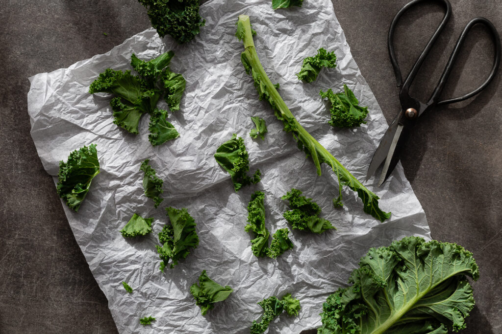 kale chips on a table, cut in small pieces with a scissors