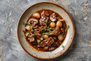 beef bourguignon tocanita cu carne de vita, cepusoare, ciuperci, cimbru si vin rosu intr-o farfurie de ceramica