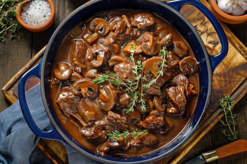 beef bourguignon tocanita cu carne de vita, cepusoare, ciuperci, cimbru si vin rosu intr-o oala rustica