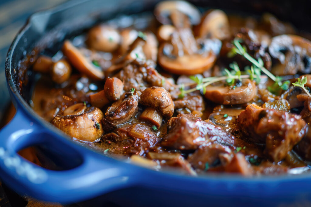 beef bourguignon tocanita cu carne de vita, cepusoare, ciuperci, cimbru si vin rosu intr-o oala rustica