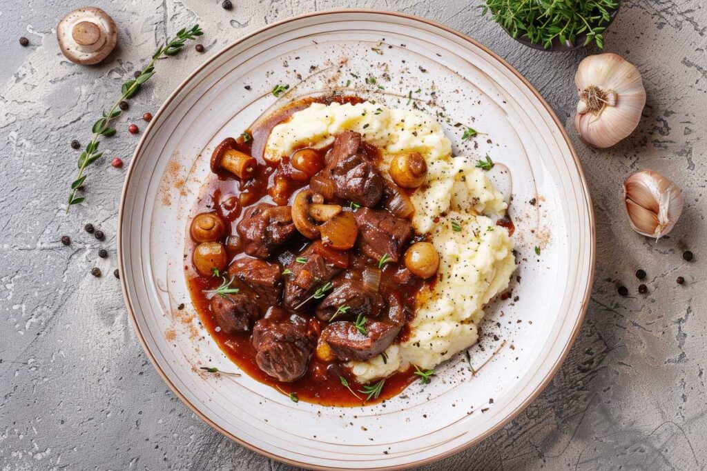 beef bourguignon tocanita cu carne de vita, cepusoare, ciuperci, cimbru si vin rosu intr-o farfurie de ceramica si piure de conopida