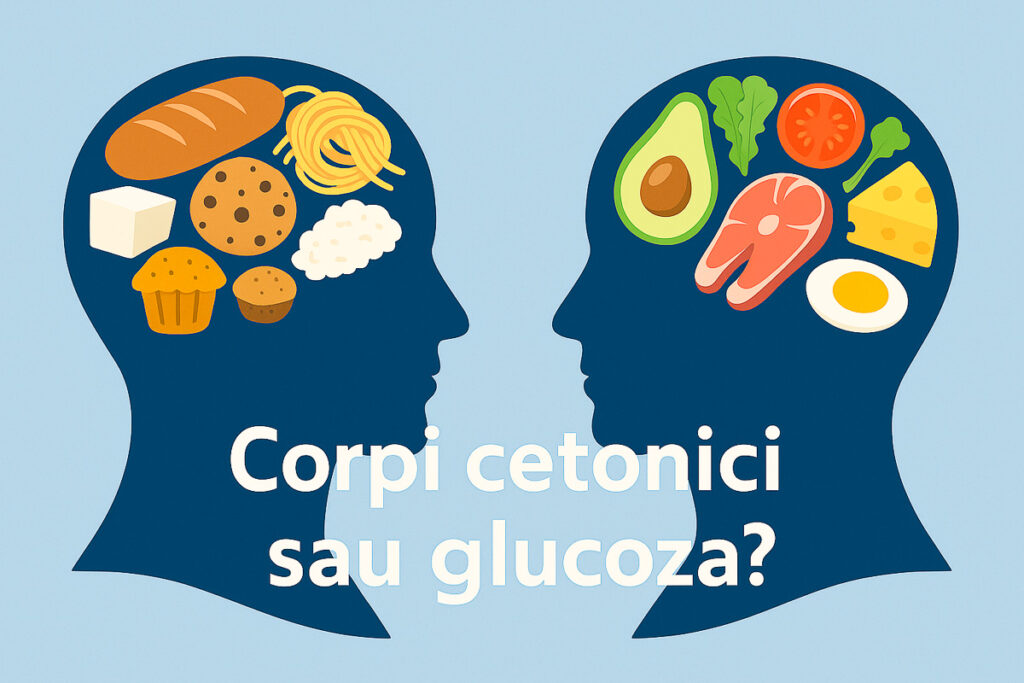 Infografic comparativ: Creier alimentat cu glucoza vs. creier alimentat cu cetone