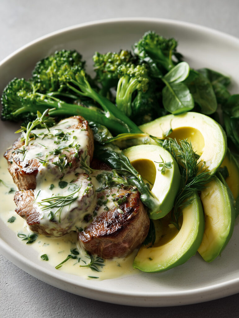 carne la tigaie cu vrocolli, avocado si sos cremos cu ierburi aromate