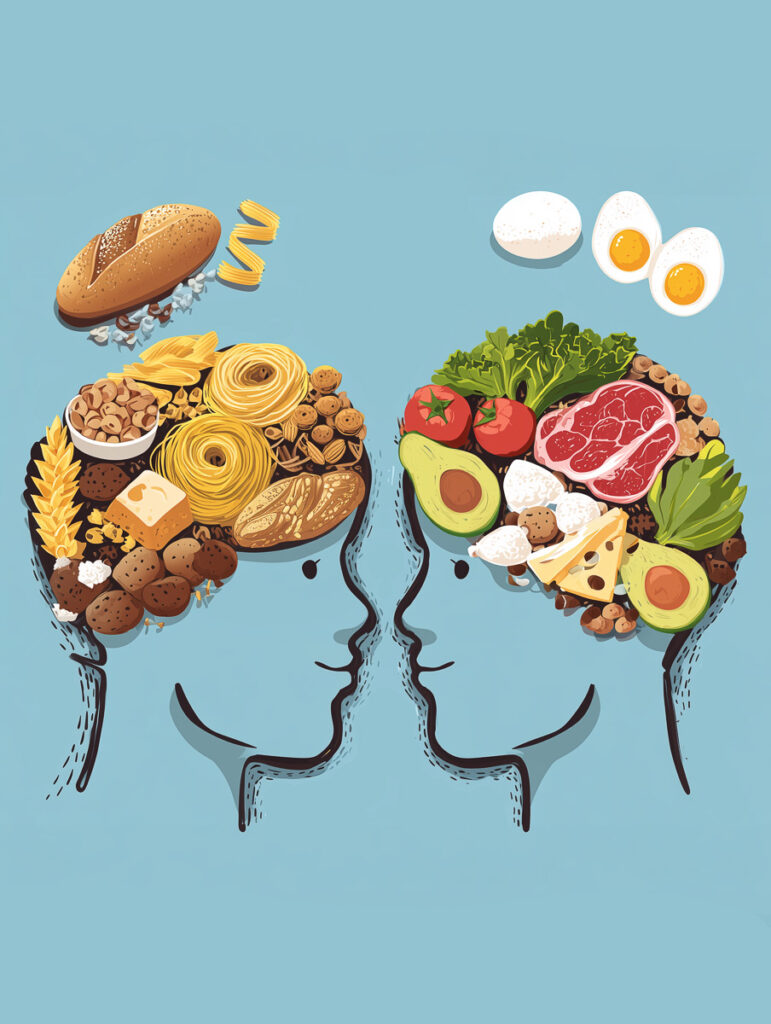 Infografic comparativ: Creier alimentat cu glucoza vs. creier alimentat cu cetone