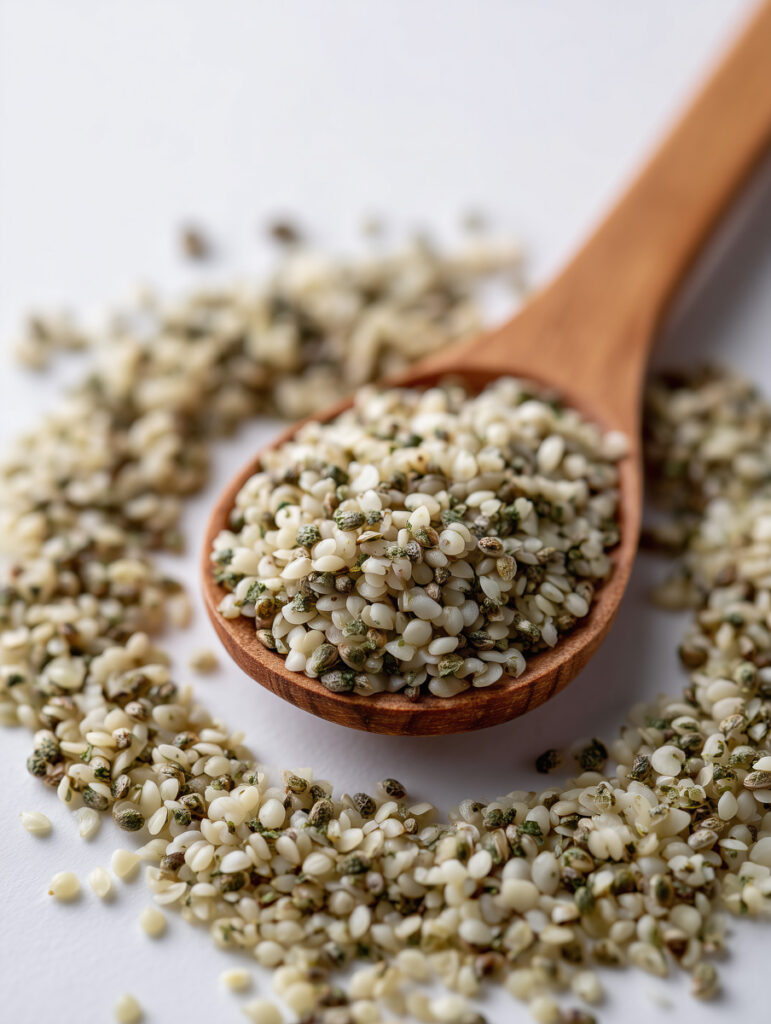 seminte de canepa decorticate intr-o lingura de lemn, prim plan