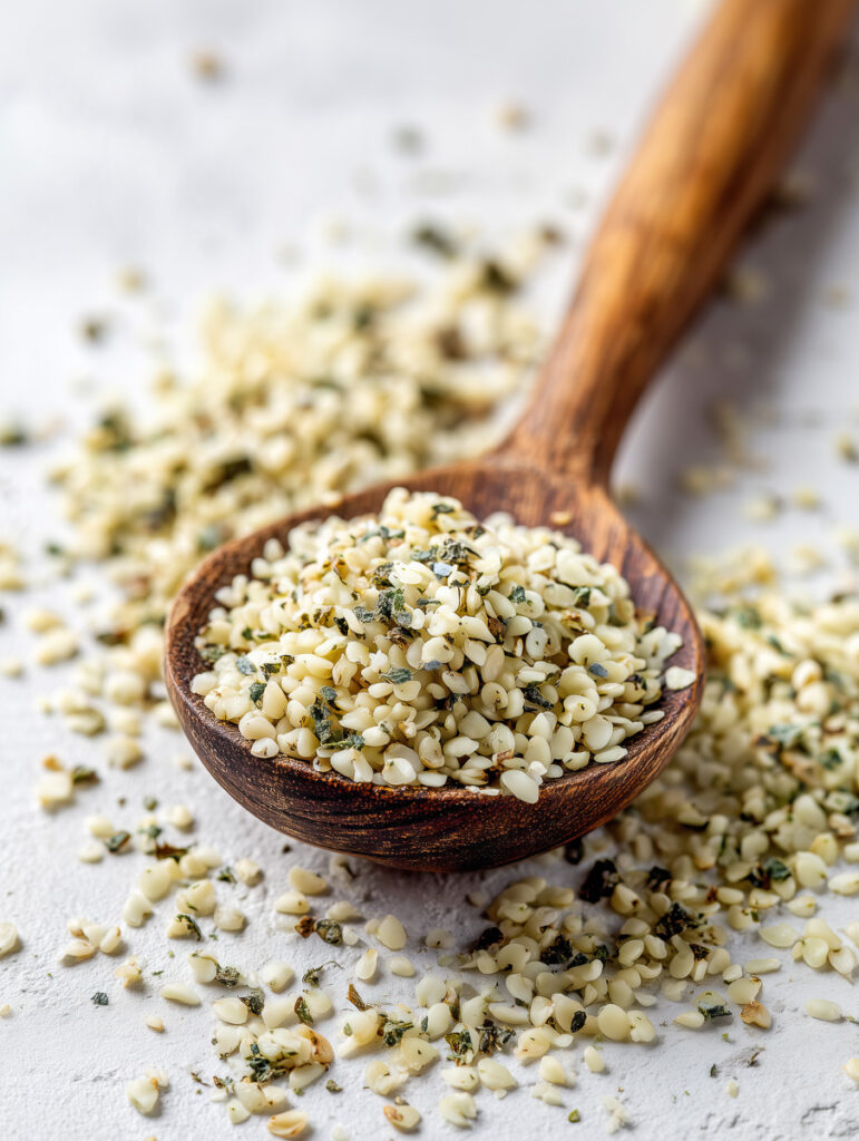 seminte de canepa decorticate intr-o lingura de lemn, prim plan