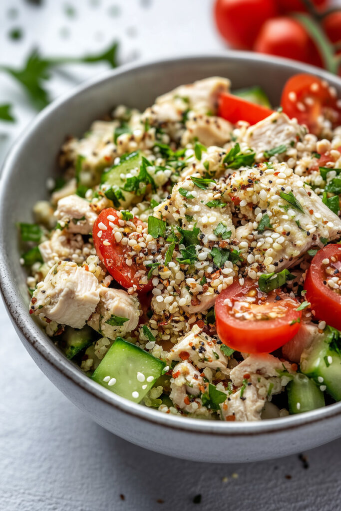 salata cu piept de pui, castraveti, rosii si rucola cu seminte de canepa decorticate intr-un castron