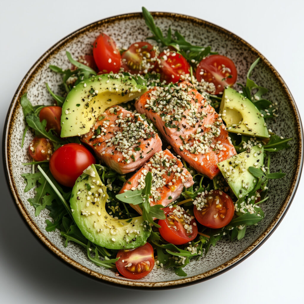 salata de somon afumat, avocado, rosii si rucola cu seminte de canepa decorticate intr-un castron