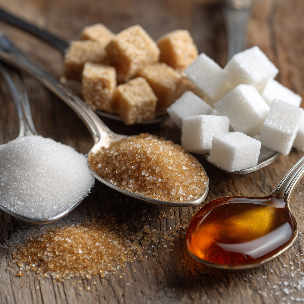 lingurite pe o masa pline cu zahar, indulcitori keto, miere de albine