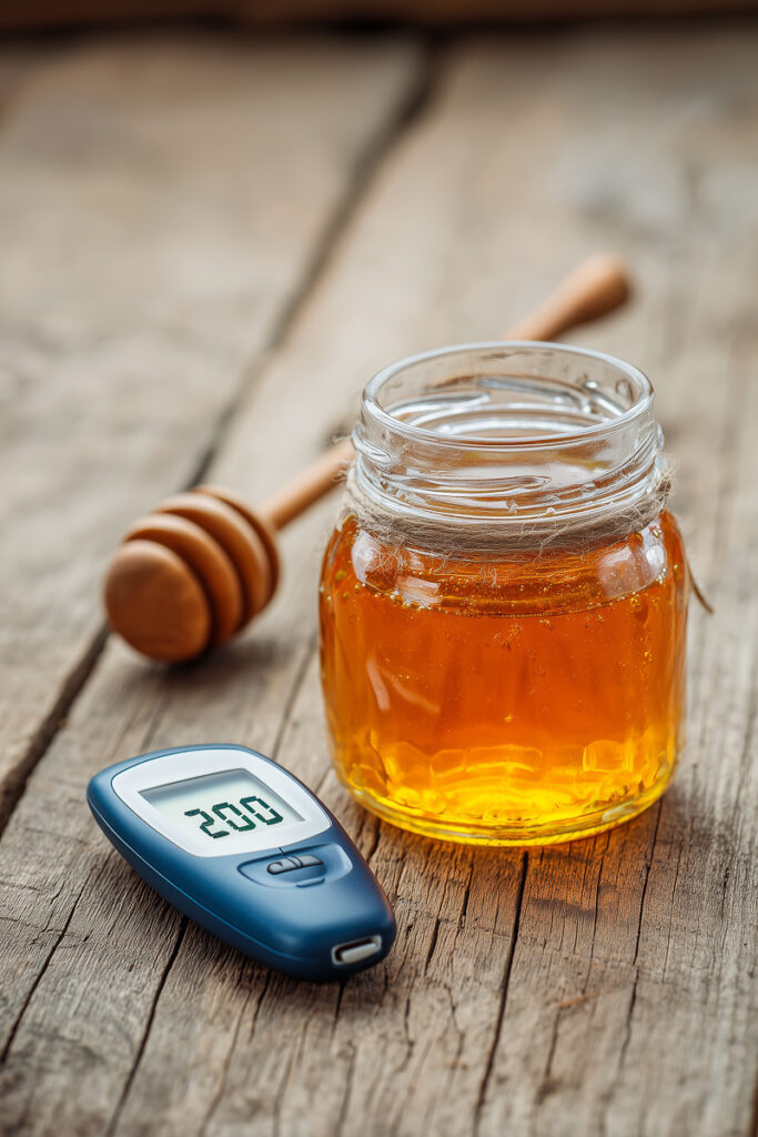 borcan cu miere de albine pe o masa, alaturi de un aparat de masurat glicemia
