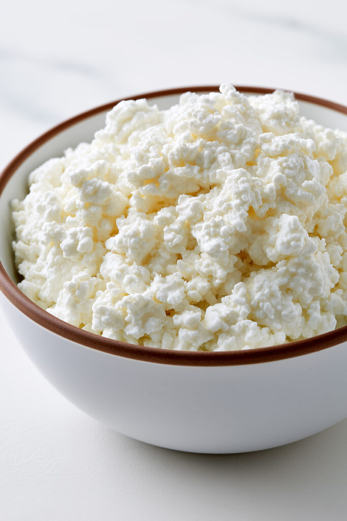 castron alb cu cottage cheese branza de vaci pe fundal alb
