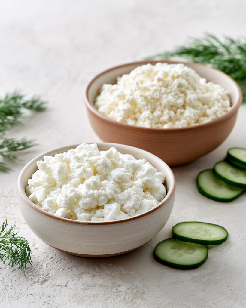 Cottage cheese cremos si branza de vaci romaneasca mai uscata, prezentate in doua boluri pentru compararea texturii.
