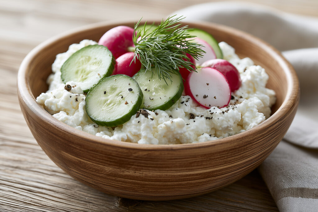 Bol cu cottage cheese cremos, castraveti, ridichi si marar, servit ca mic dejun sau masa low carb.