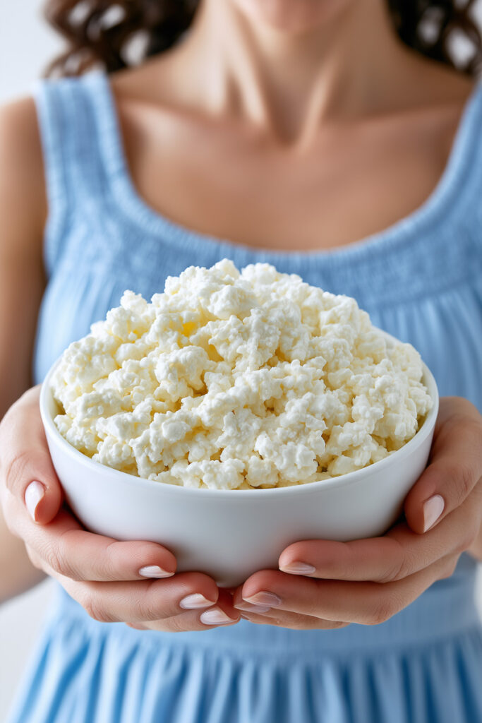 feneie imbracata intr-o rochie albastra tine in maini un castron cu cottage cheese