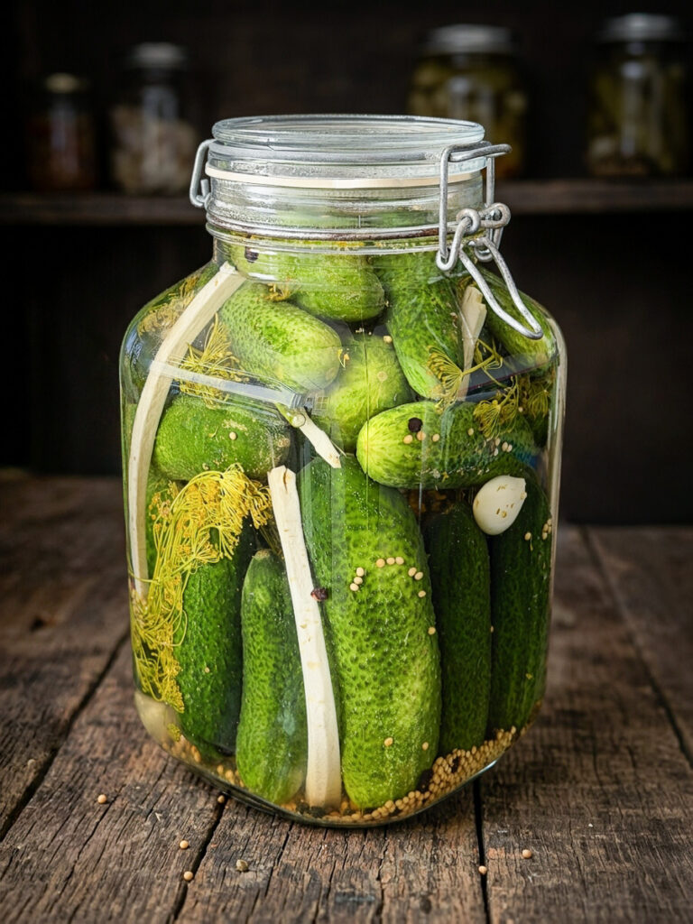 Castraveti murati intr-un borcan cu marar, hrean, usturoi si condimente